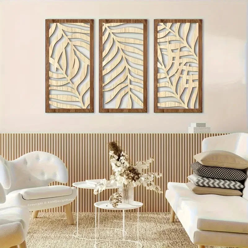 3pcs Leaf Carving Wood Wall Decoration
