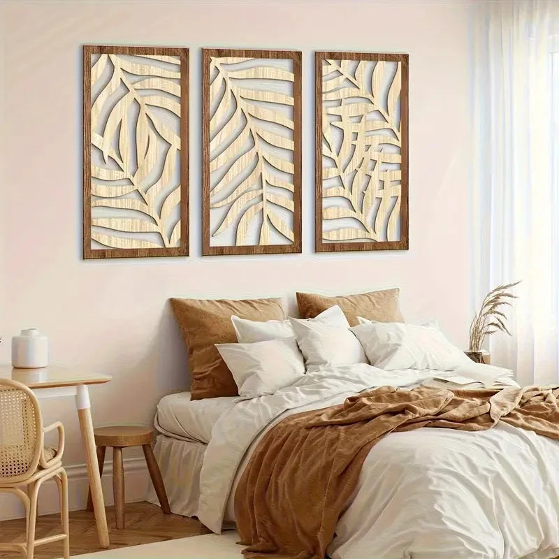 3pcs Leaf Carving Wood Wall Decoration