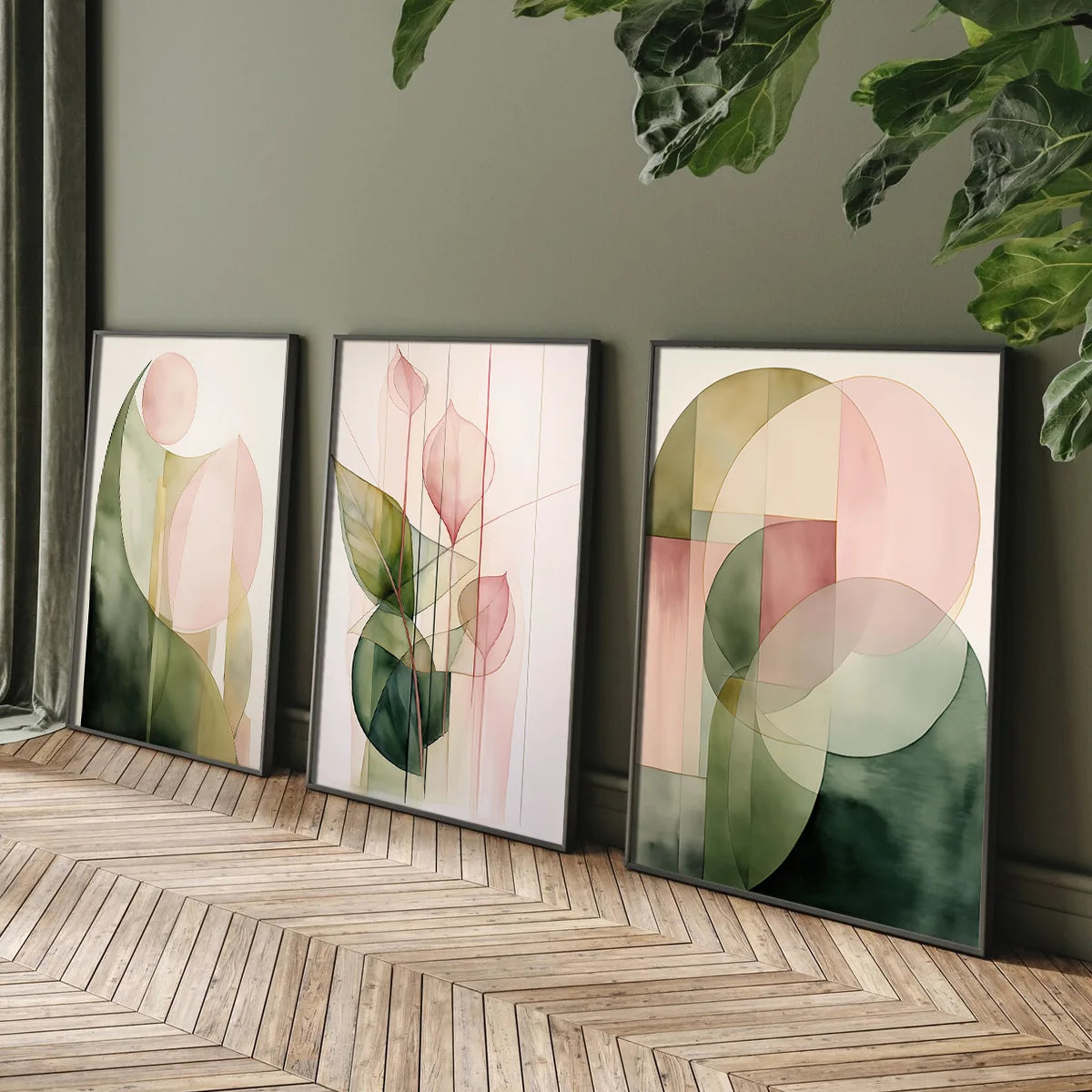 3-Piece Set Green and Pink Plant Wall Art