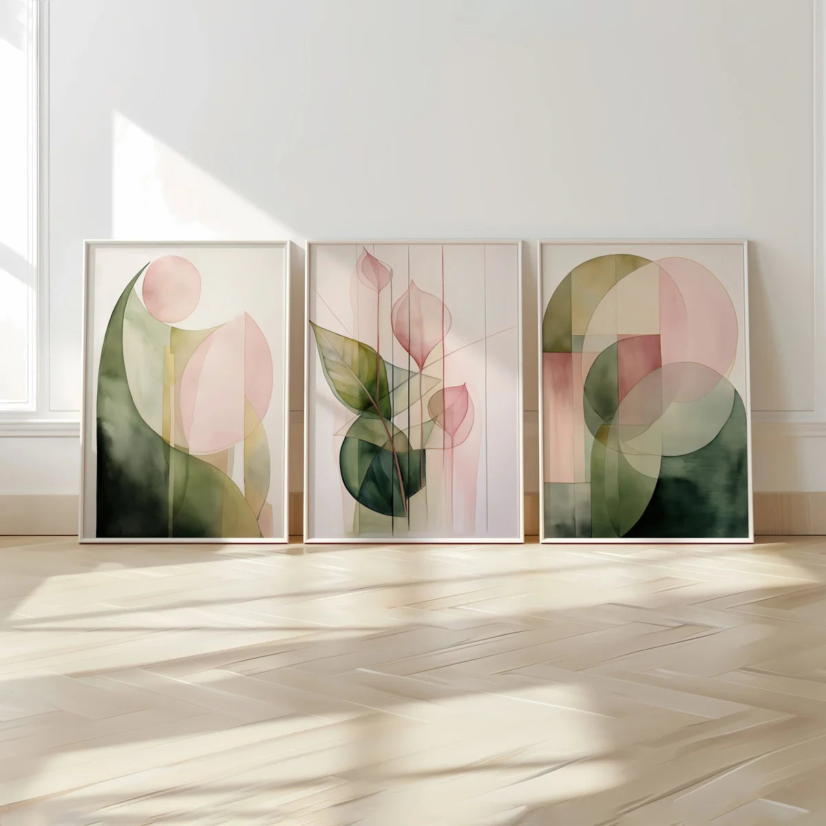 3-Piece Set Green and Pink Plant Wall Art