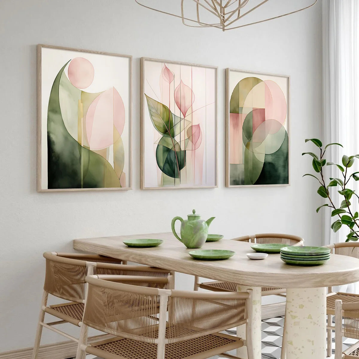 3-Piece Set Green and Pink Plant Wall Art