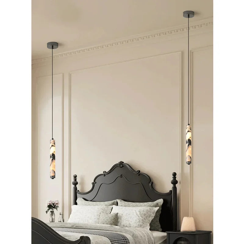 Luxury Black Cylinder Natural Stone Pendant Lamp